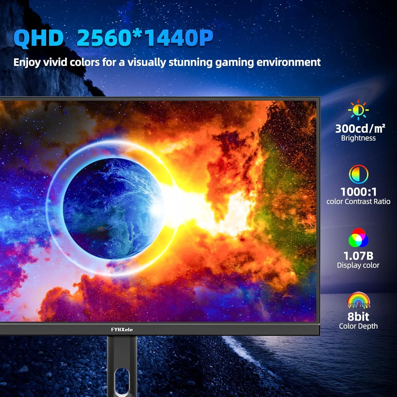 FYHXele 27ich 2K 300Hz Monitor para juegos 1440P 0.8ms Soporte ultrafino totalmente ajustable sin marco Soporte FreeSync VESA DP Puerto HDMI - imagen 3