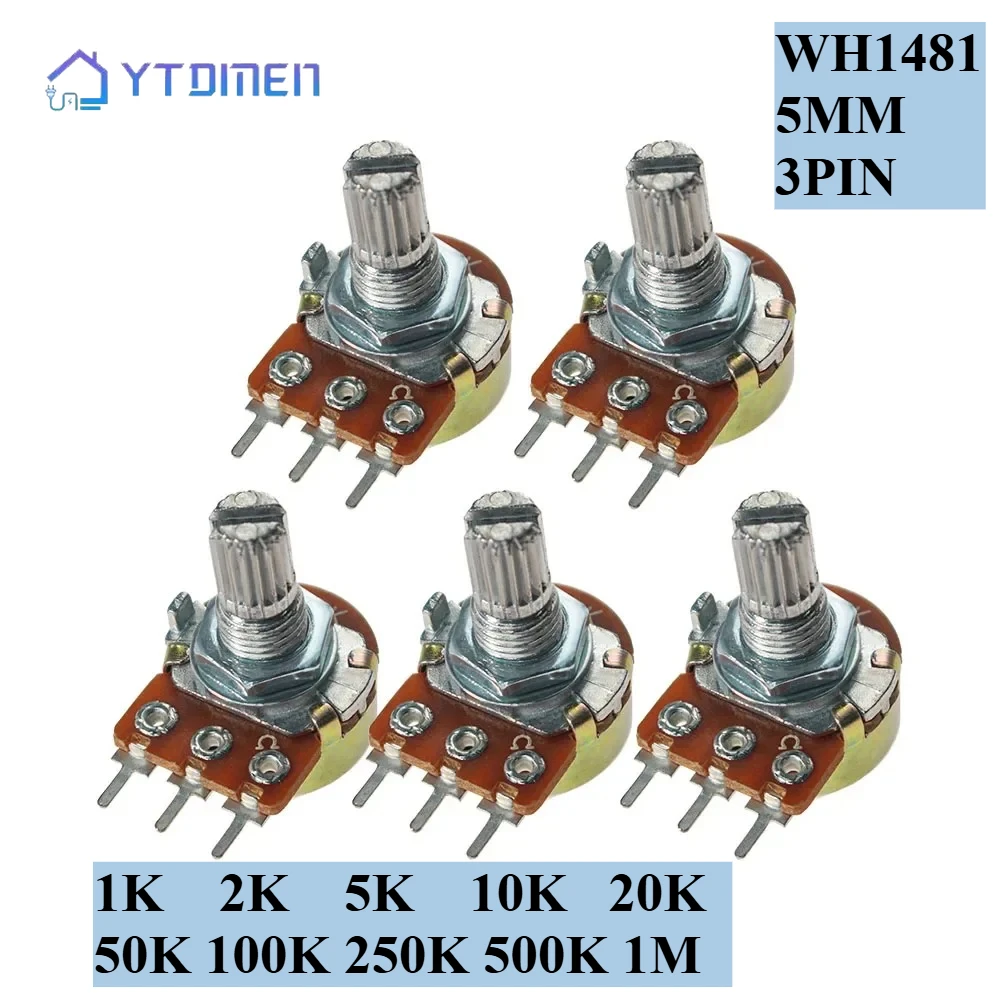 Potenciómetros lineales WH148 de 3 pines, 15mm, 100K-1M Ohm, eje de resistencias variables, interruptores cónicos de película de carbono rotativos de una sola vuelta, 5 uds.