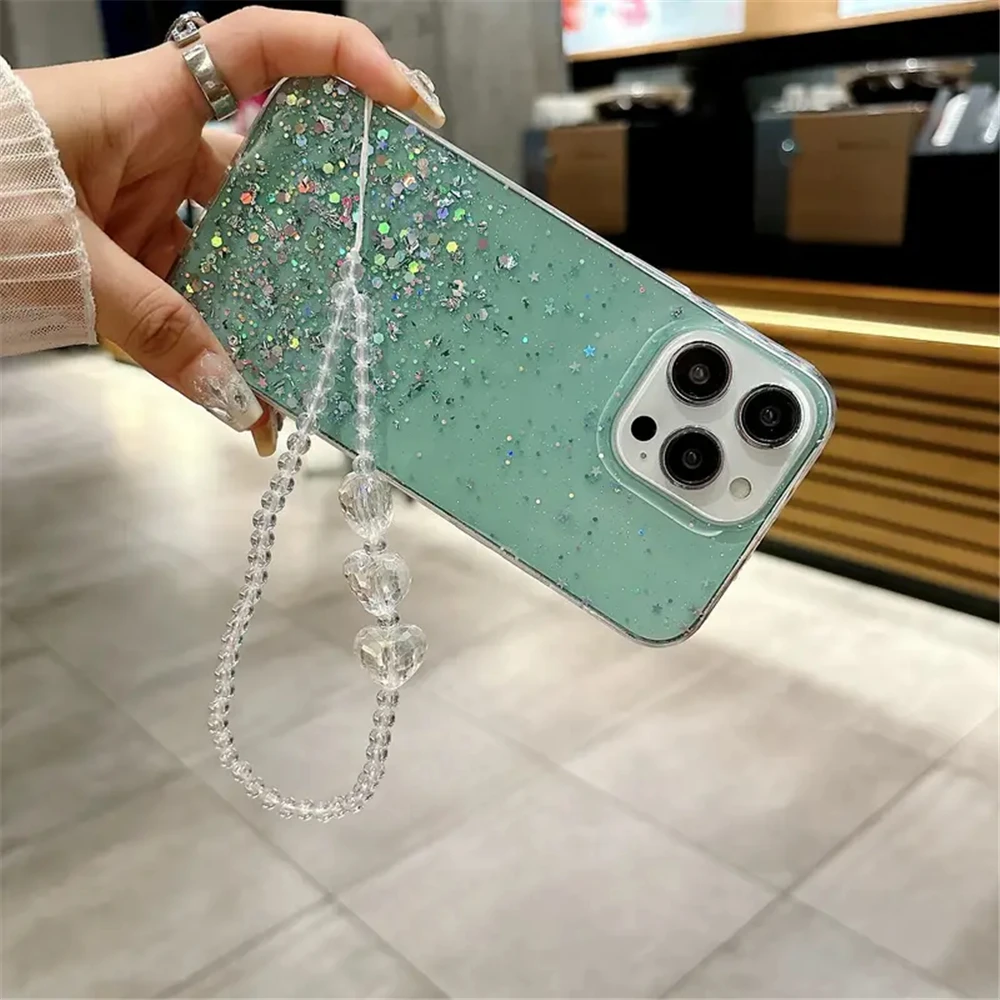 Funda de teléfono P30lite de lujo con purpurina ostentosa para Huawei P30 Lite P20 P40 Pro Y7 2019, funda de silicona suave con pulsera de corazón de amor 3D - imagen 4