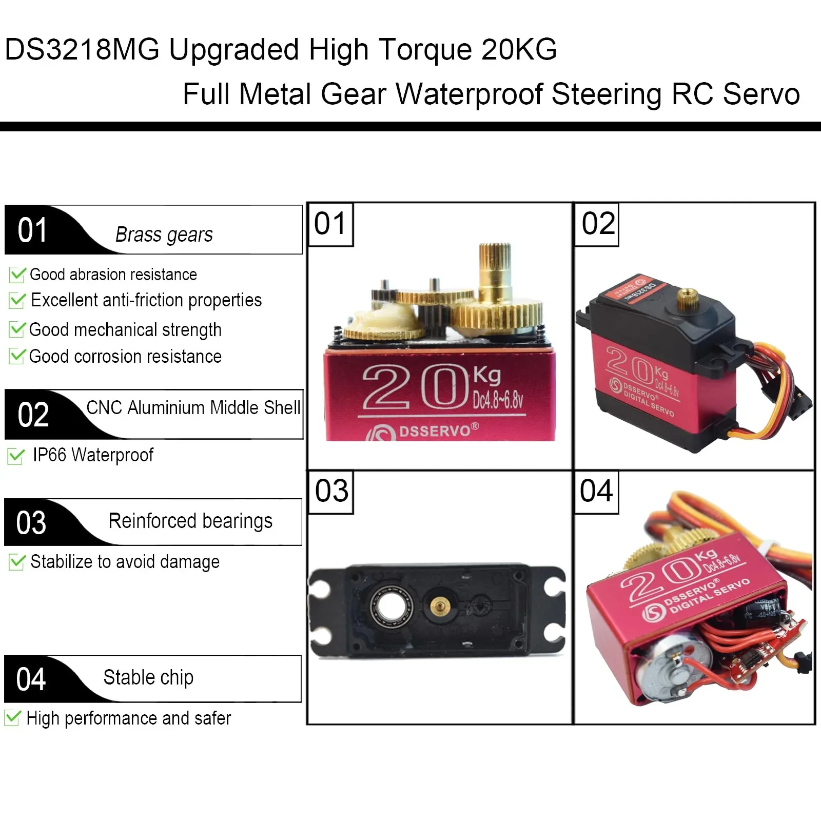 Dsservo DS3218 Servo Digital de 20KG, engranaje totalmente metálico de alto par, Servo RC resistente al agua de alta velocidad para coche trepador de control remoto a escala 1/8 1/10 - imagen 5