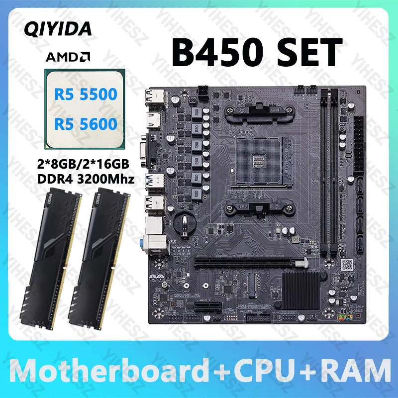 Juego de placa base QIYIDA B450 con AMD R5 5500/R5 5600 y 2*16GB DDR4 3200Mhz RAM compatible con NVME NGFF M.2 USB 3,0 VGA de doble canal
