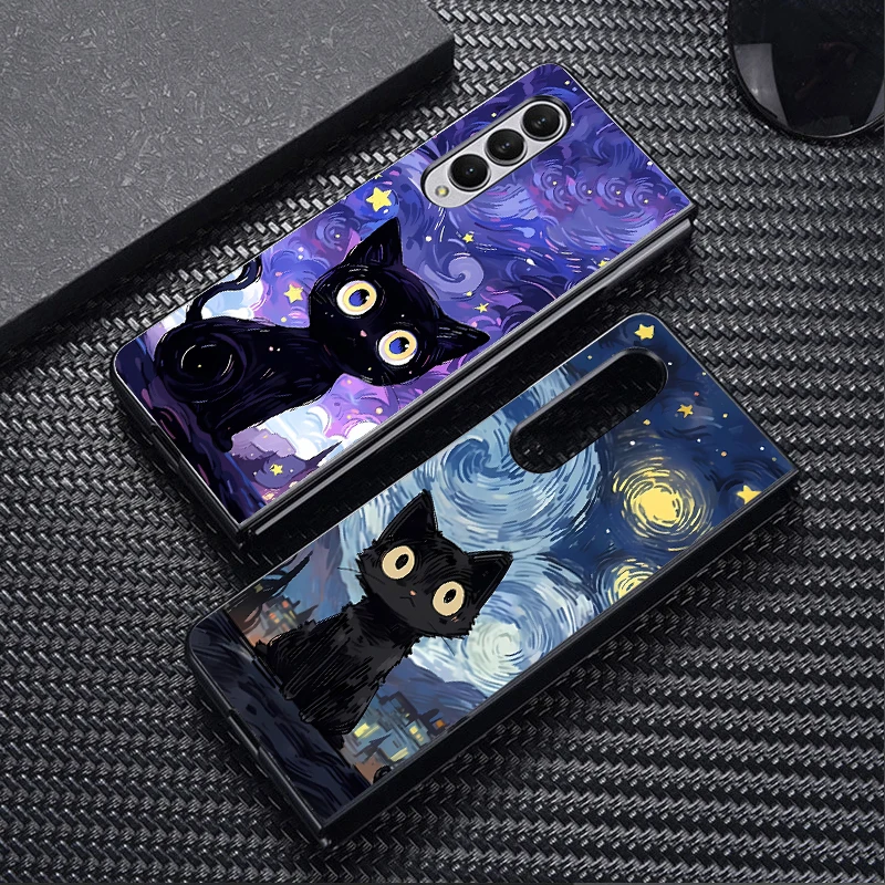 Funda para Samsung Galaxy ZFold5 ZFold3 ZFold4 ZFold7 ZFold6 Z Fold 7 6 5 4 3 funda trasera para teléfono cielo estrellado gato