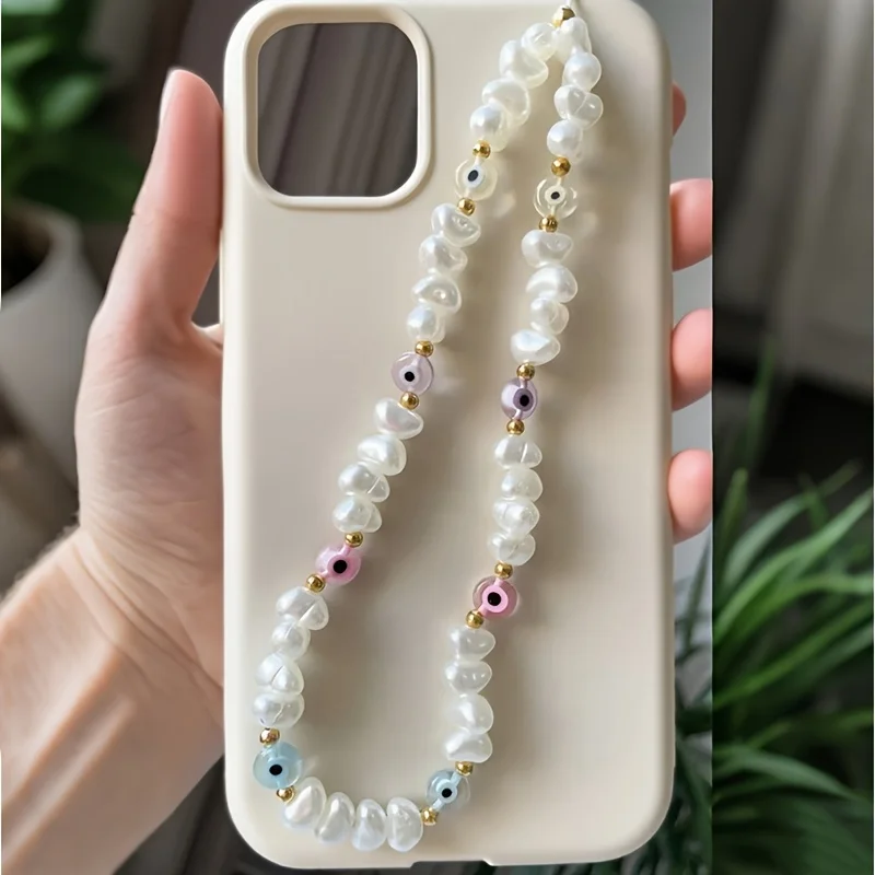 Abalorio para teléfono con perlas de mal de ojo único y elegante, colgante de cuentas irregulares hecho a mano con perlas de imitación coloridas para regalo de moda para mujer - imagen 3