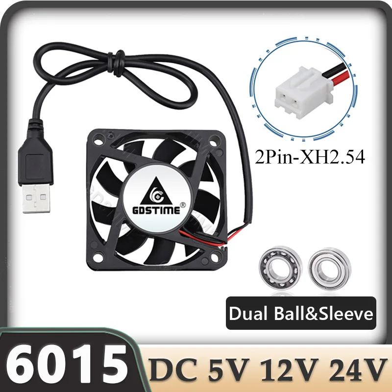 Gdstime 6015 ventilador 24V 12V ventilador con cubierta de PC USB 60MM 60x60x15MM ventilador de refrigeración DC 5V ventilador Axial de ordenador de doble bola 2PIN ventilador enfriador de CPU VAG