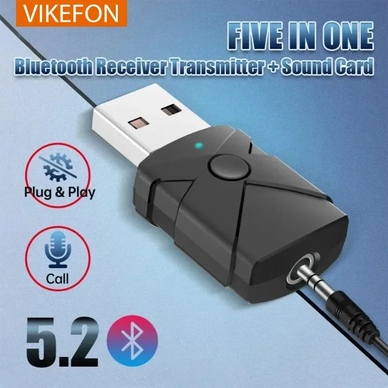 VIKEFON USB Bluetooth 5,2 transmisor receptor 5 en 1 adaptador de Audio inalámbrico tarjeta de sonido 3,5mm Aux música para TV ordenador altavoz
