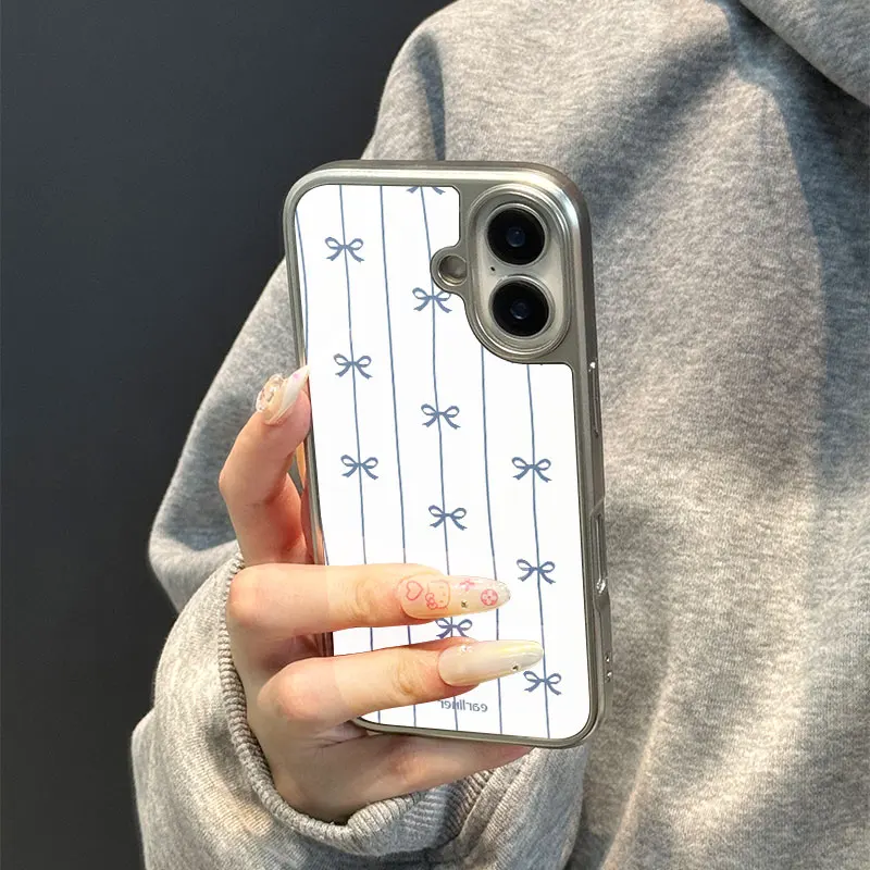 Funda de teléfono anticaída de TPU epoxi con borde plateado y lazo azul ins para iPhone XR/11/12/13/14/15/16/17 Pro Max - imagen 5