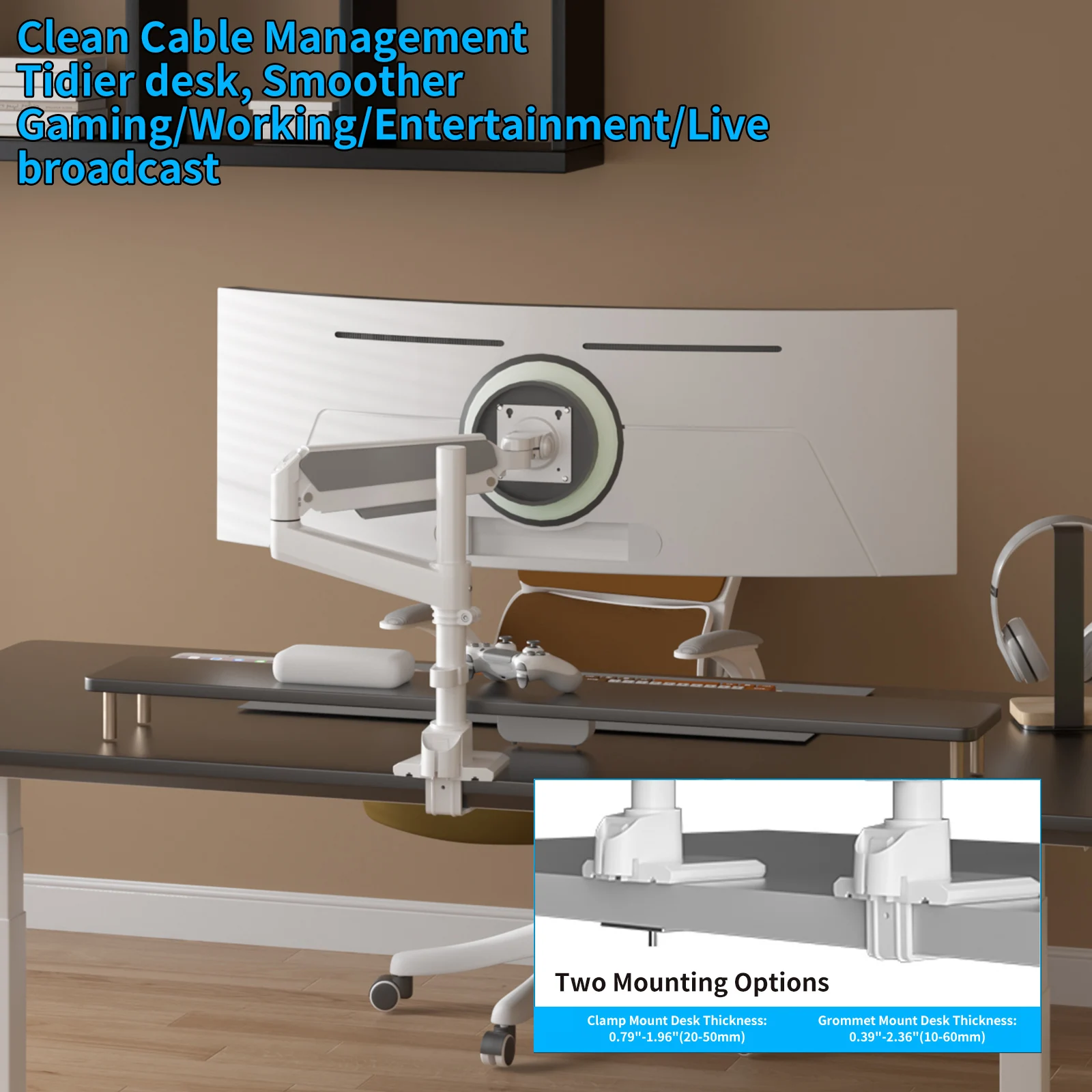 Brazo de monitor para 17 a 60 pulgadas, soporte de escritorio resistente totalmente ajustable, soporte de monitor compatible con 57 55 49" blanco H9 - imagen 3