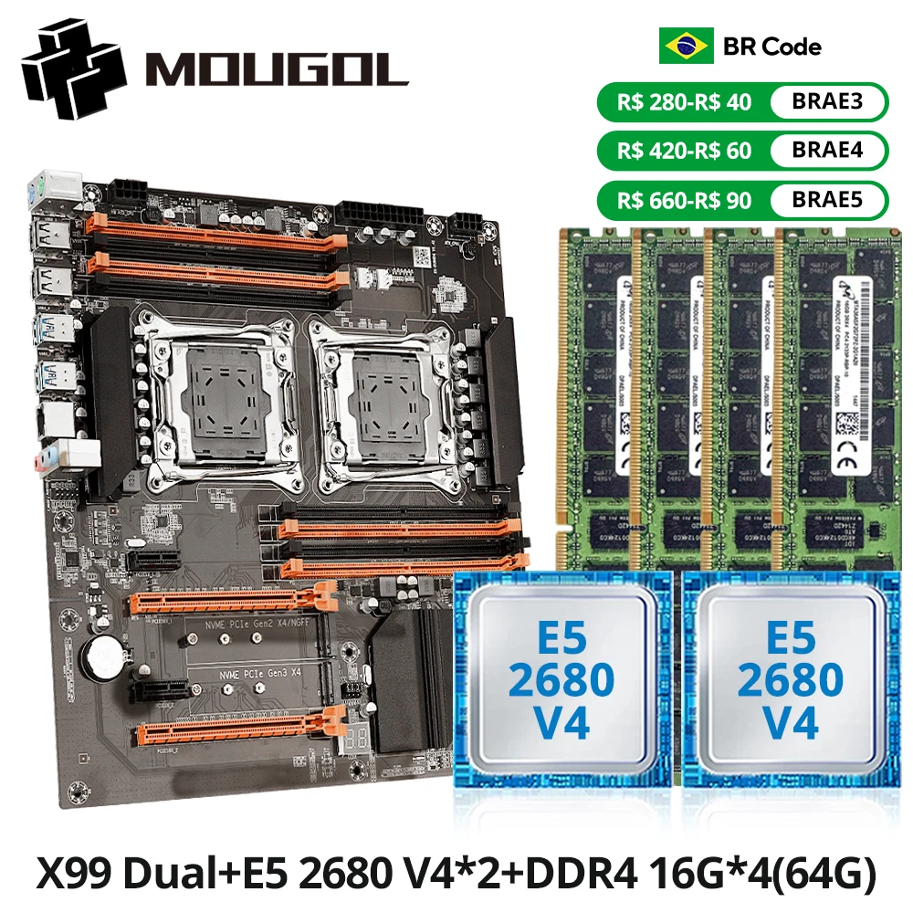 MOUGOl X99 Juego de placa base para juegos de CPU dual intel Xeon E5 2680 V4 y DDR4 64GB (4*16GB) LGA2011-3 M.2 NVME para servidor ordenador Host