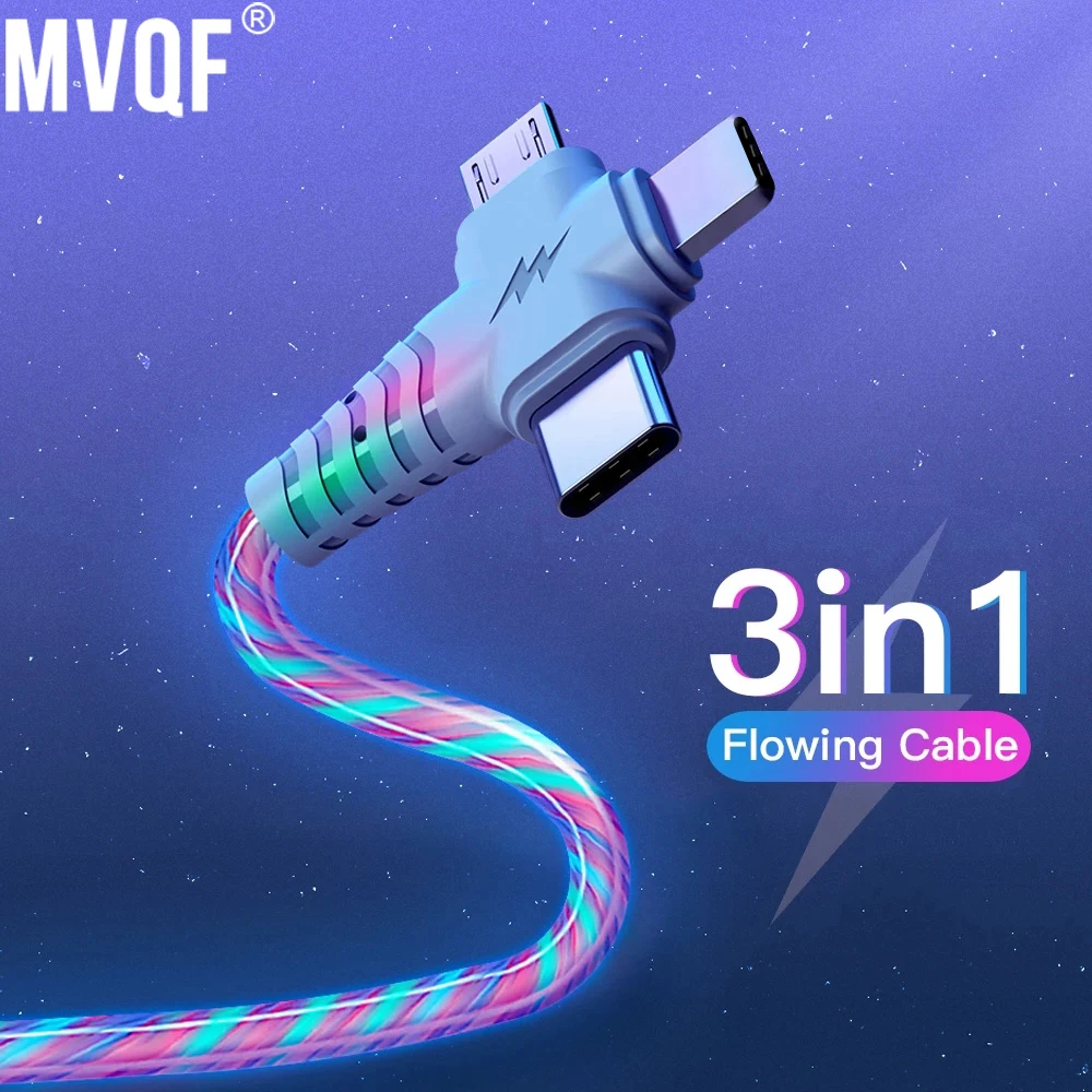 MVQF-Cable de carga 3 en 1 6A, Cable de datos que fluye, línea de carga rápida, Conector Micro USB tipo C para Samsung, Xiaomi, Huawei para iPhone 14 13 12 11 cable iphone de carga rápida - imagen 2