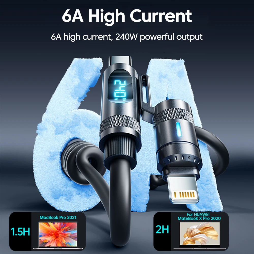 Cable de datos de carga rápida para teléfono móvil, telescópico, 240W, 4 en 1, para iPhone, Samsung, tipo C a USB C, con pantalla Digital - imagen 2