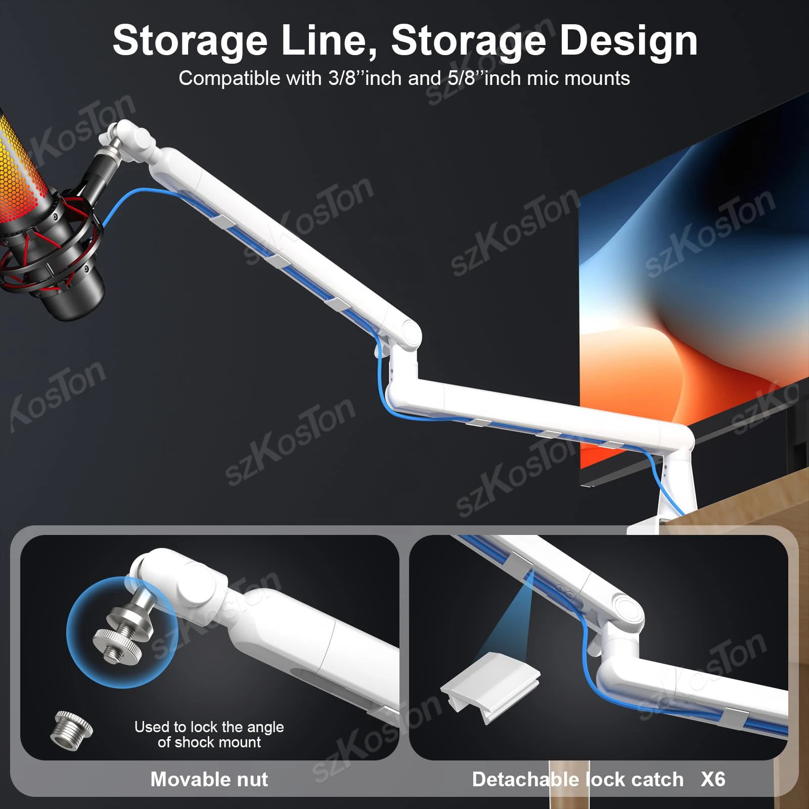 Soporte de micrófono de perfil bajo ajustable con brazo de soporte de micrófono blanco con elevador extendido y gestión de cables para SM7B MV7 AM8 K688 HyperX - imagen 5