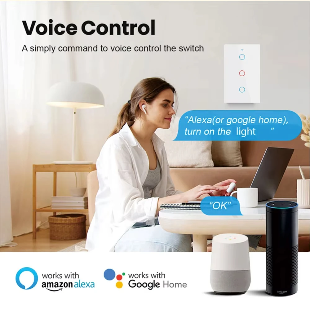 Tuya-interruptor de luz inteligente WiFi, cable neutro necesario, Interruptor táctil de pared, vida inteligente de EE. UU., funciona con Alexa, Google Home, 1/2/3/4 entradas - imagen 3