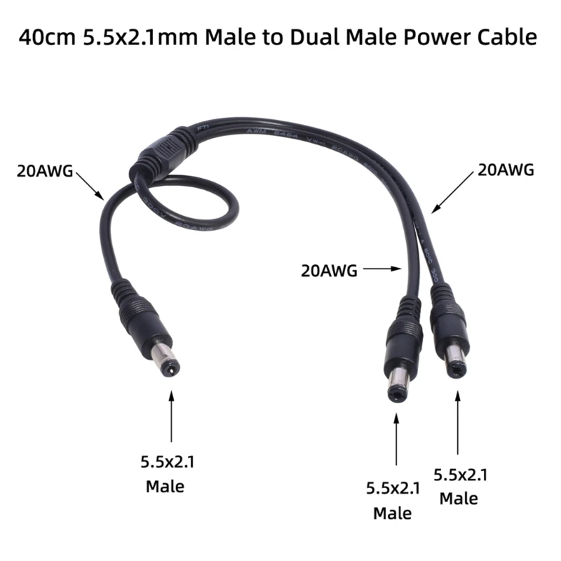 Cable adaptador de corriente CC de 2 vías, 30cm/40cm/100cm, 5,5mm x 2,1mm, 1 macho a 2 macho, conector divisor, extensión de enchufe para tira LED CCTV - imagen 2