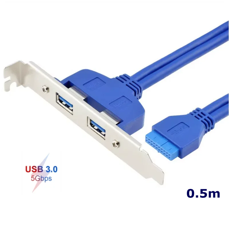 50cm 5Gbps 2 puertos USB 3,0 Panel trasero hembra a placa base adaptador de Cable conector de cabecera de 20 pines con soporte de placa de ranura PCI
