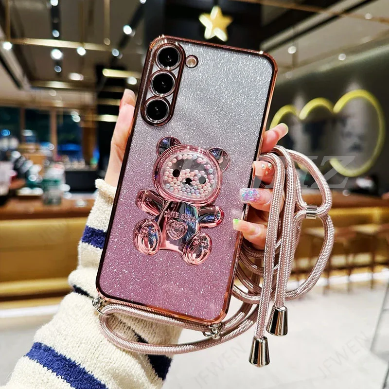 Funda de teléfono con purpurina y cordón con soporte de oso de arena movediza para Xiaomi Mi Poco X6 X3 X5 M6 M5 M5S M4 M3 F5 Pro F3 F4 GT, funda trasera con soporte - imagen 2