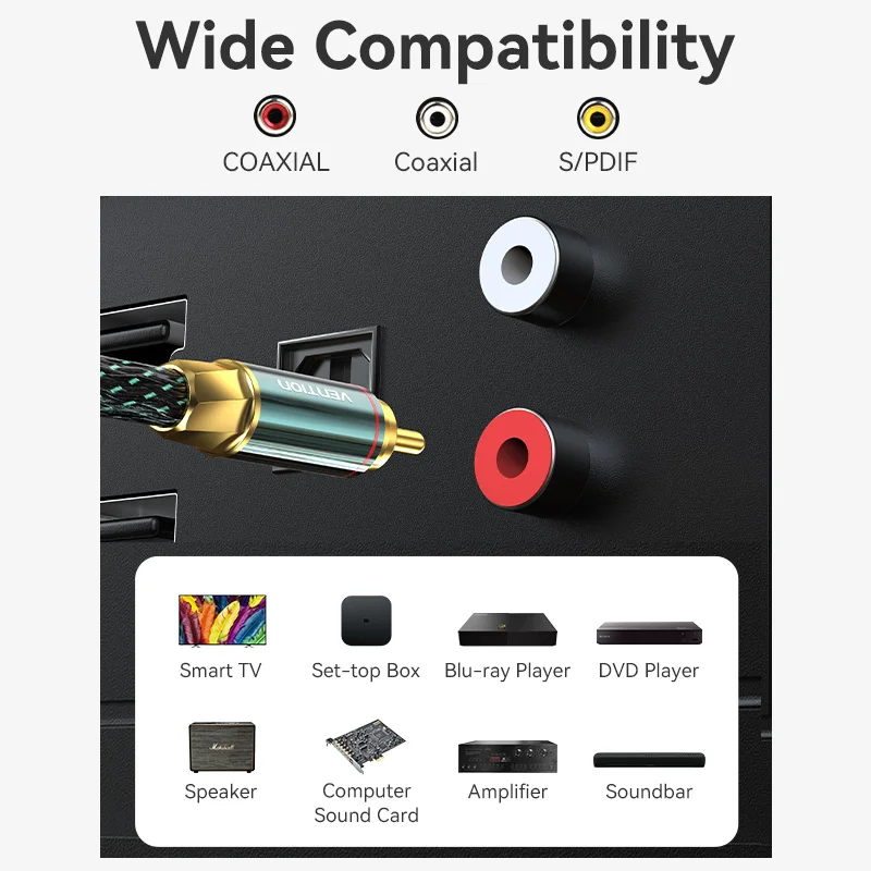 Vention-Cable de Audio Coaxial Hi-Fi 4N, Cable de Audio Coaxial RCA trenzado de algodón plateado macho a macho para altavoz amplificador de TV - imagen 4