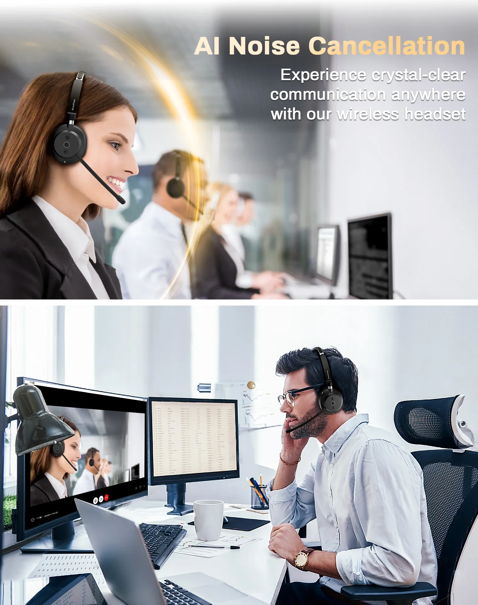 RownFusny Call Center Auriculares inalámbricos Bluetooth 5,3 Auriculares para computadora Auriculares Bluetooth con micrófono de reducción de ruido USB R03 - imagen 4