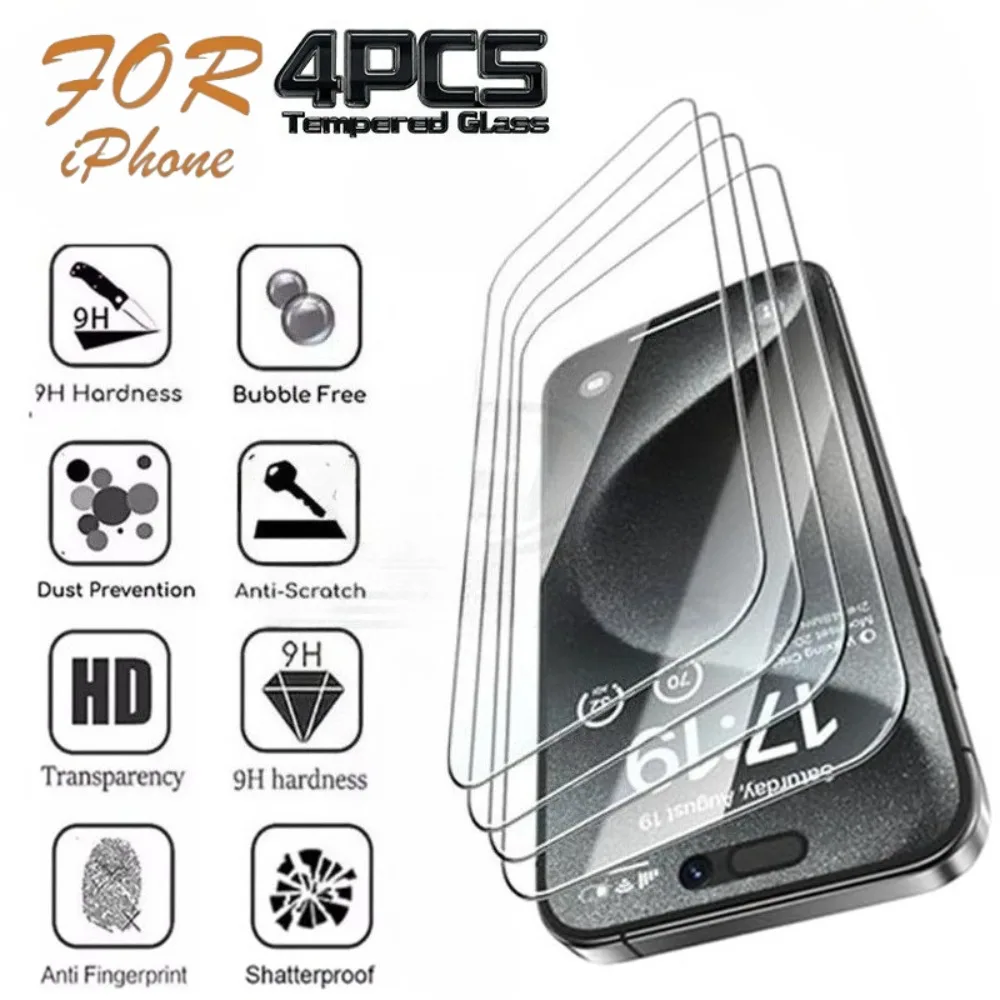 4 piezas de vidrio templado ultra transparente para iPhone 17 16 15 14 Pro Max 16 15 Plus Protector de pantalla para iPhone 13 12 11 Pro 17 Air XS Max