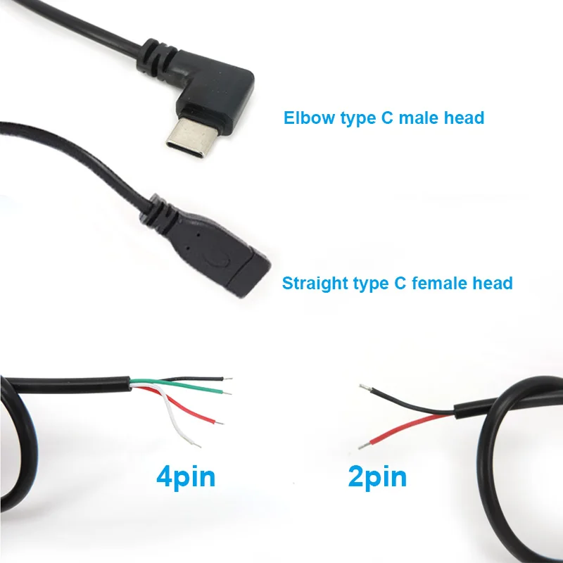 Cable de 2 y 4 pines USB 2,0 tipo C macho hembra codo tipo c Cable conector de clavija de ángulo recto USB C DIY reparación carga de datos M20 - imagen 3