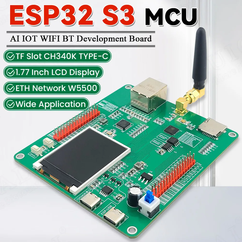 Placa de desarrollo ESP32 S3 con pantalla LCD de 1,77 pulgadas BT 2,5dbi WiFi módulo AI Internet de las cosas W5500 ETH N16R8 CH340K tipo C