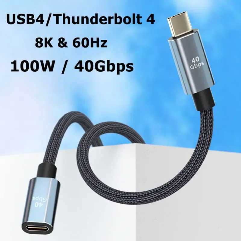 Cable de extensión USB 4 Thunderbolt 4 3 tipo C 40Gbps USB-C Monitor macho a hembra PD 100W 8K estación de acoplamiento de vídeo Cable de extensión USB4