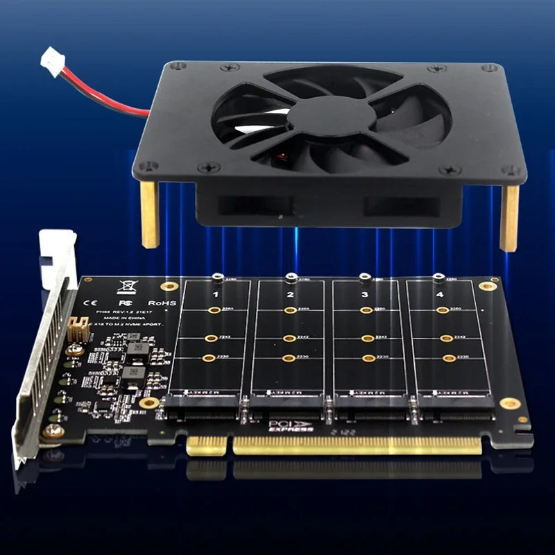 Pcie 4,0 3,0 X16 NVMe tarjeta RAID SSD de 4 discos M.2 M Key placa base PCI-e 16x adaptador de expansión de matriz tarjeta dividida con ventilador de refrigeración - imagen 4