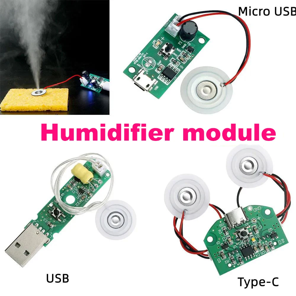 Módulo humidificador atomizador ultrasónico USB tipo C, 5V, 20mm, 1,5-3W, transductor hidratante DIY, generador de niebla, kit de Gas de goma atomizado