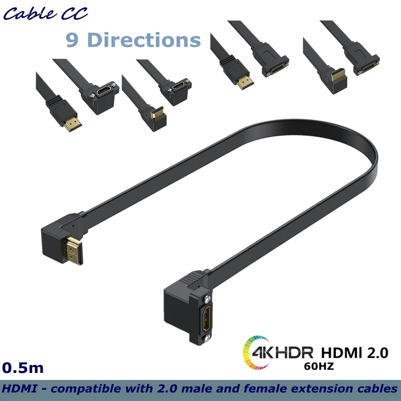 Cable de extensión 2,0 macho y hembra, Cable plano de 90 grados, compatible con HDMI, instalación de Panel con agujero de tornillo, alta velocidad 4K 60Hz, 50cm