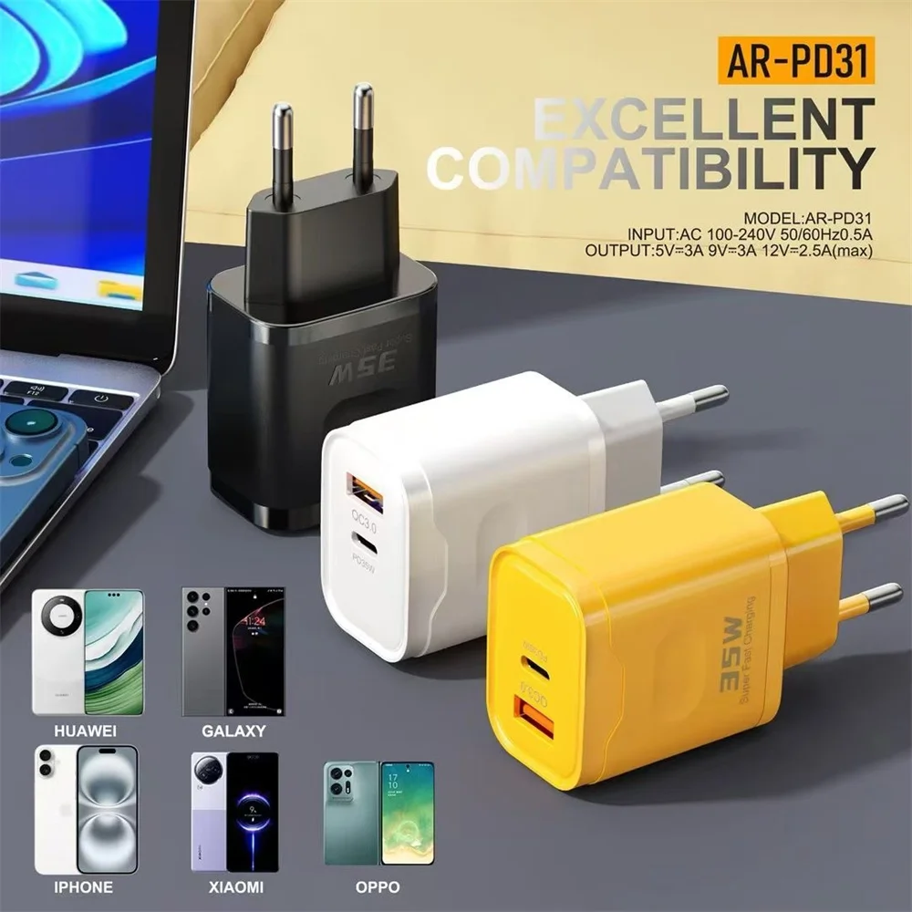 Cargador USB QC3.0 de 35W, cargador de teléfono de carga rápida, adaptador de corriente para iPhone, Samsung, Xiaomi, Huawei tipo C, cargador de pared con enchufe UE/EE. UU. - imagen 5