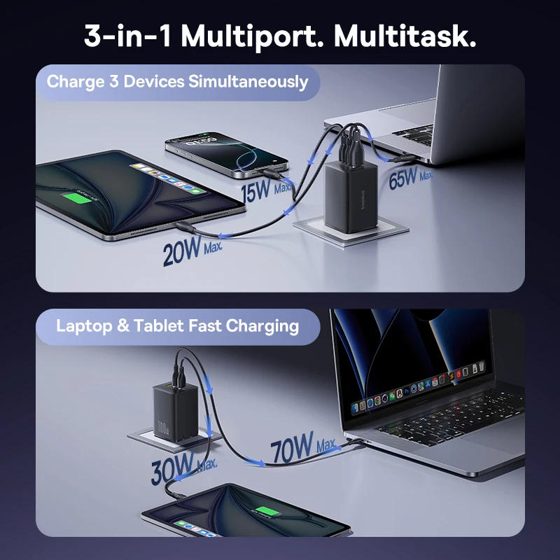 Cargador Baseus 100W GaN cargador rápido para Xiaomi Samsung iPhone 17 16 15 cargador para tableta portátil cargador PD con cargador de teléfono USB - imagen 5