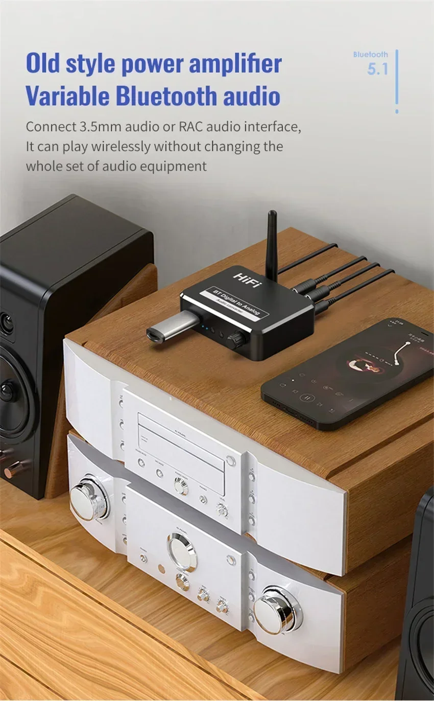 Adaptador convertidor DAC de Audio Digital a analógico Digital SPDIF óptico Toslink a 3,5mm 3,5 AUX Jack RCA L/R Bluetooth 5,0 receptor - imagen 5