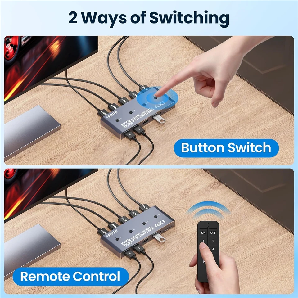Navceker 2K 120Hz 4X1 HDMI KVM Switcher 4 puertos 4K USB HDMI KVM 4 PC Switch 144Hz estación de acoplamiento compartir 1 Monitor ratón teclado - imagen 5