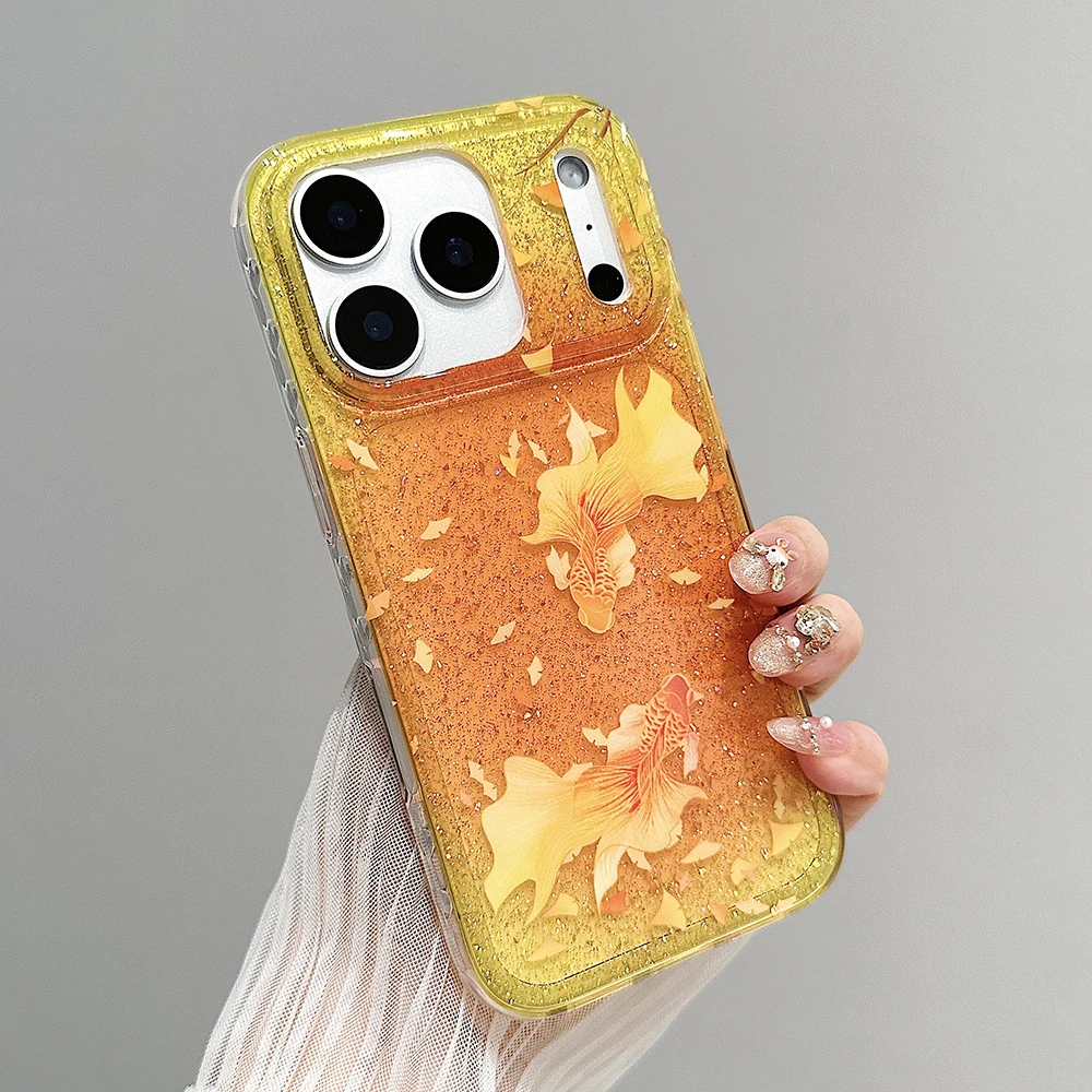 Glitter Luckly Koi Goldfish hermosa Funda de teléfono naranja brillante para IPhone 13 15 14 16 17 Pro Max Funda ostentosa a prueba de golpes - imagen 4