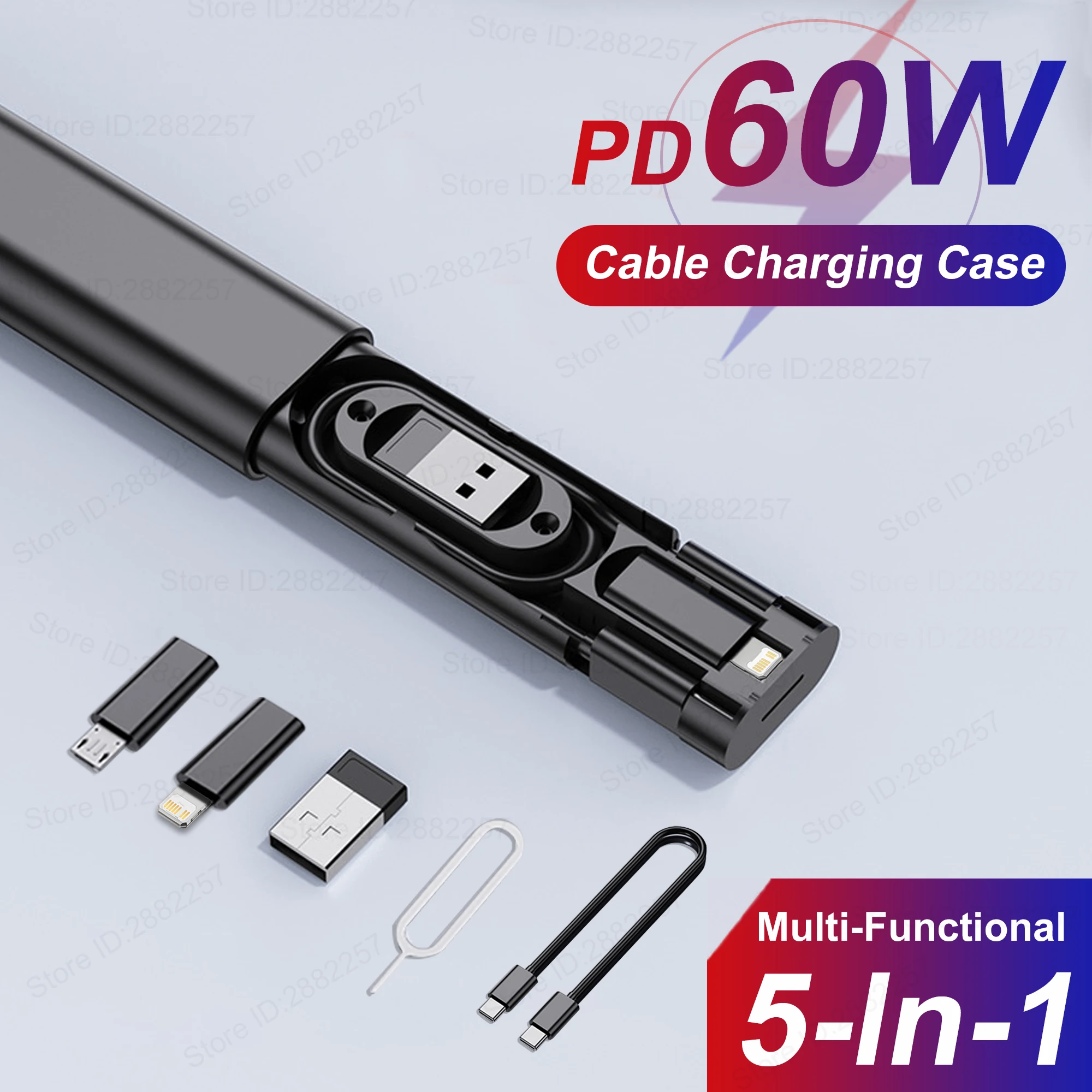 Cable de datos de carga rápida 5 en 1, estuche de carga USB Micro para adaptador de conversión de For iPhone, USB C a tipo C, caja de almacenamiento de tarjeta de Cable PD60W