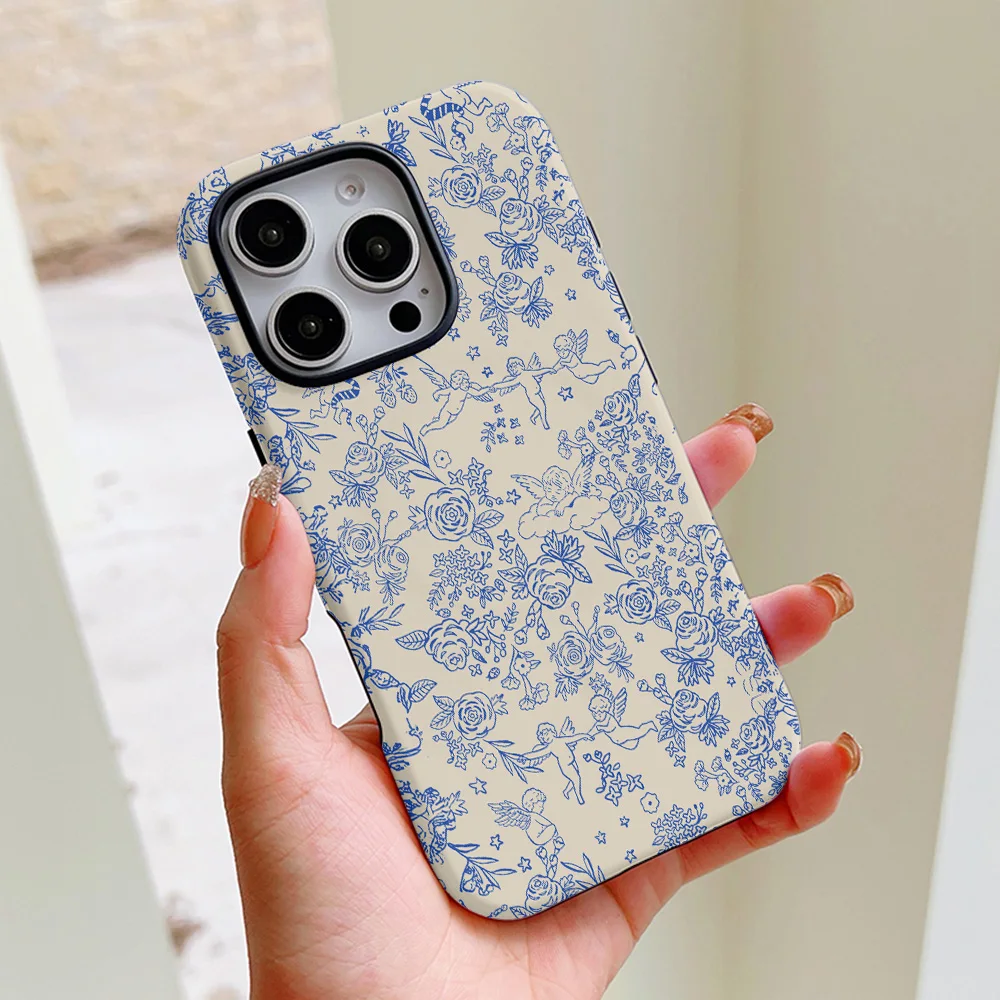 Funda de teléfono de lujo con diseño de Ángel y flor azul para iPhone 16, 15, 14, 13, 12, 11 Pro Max Plus, funda trasera magnética de doble capa de lujo - imagen 2