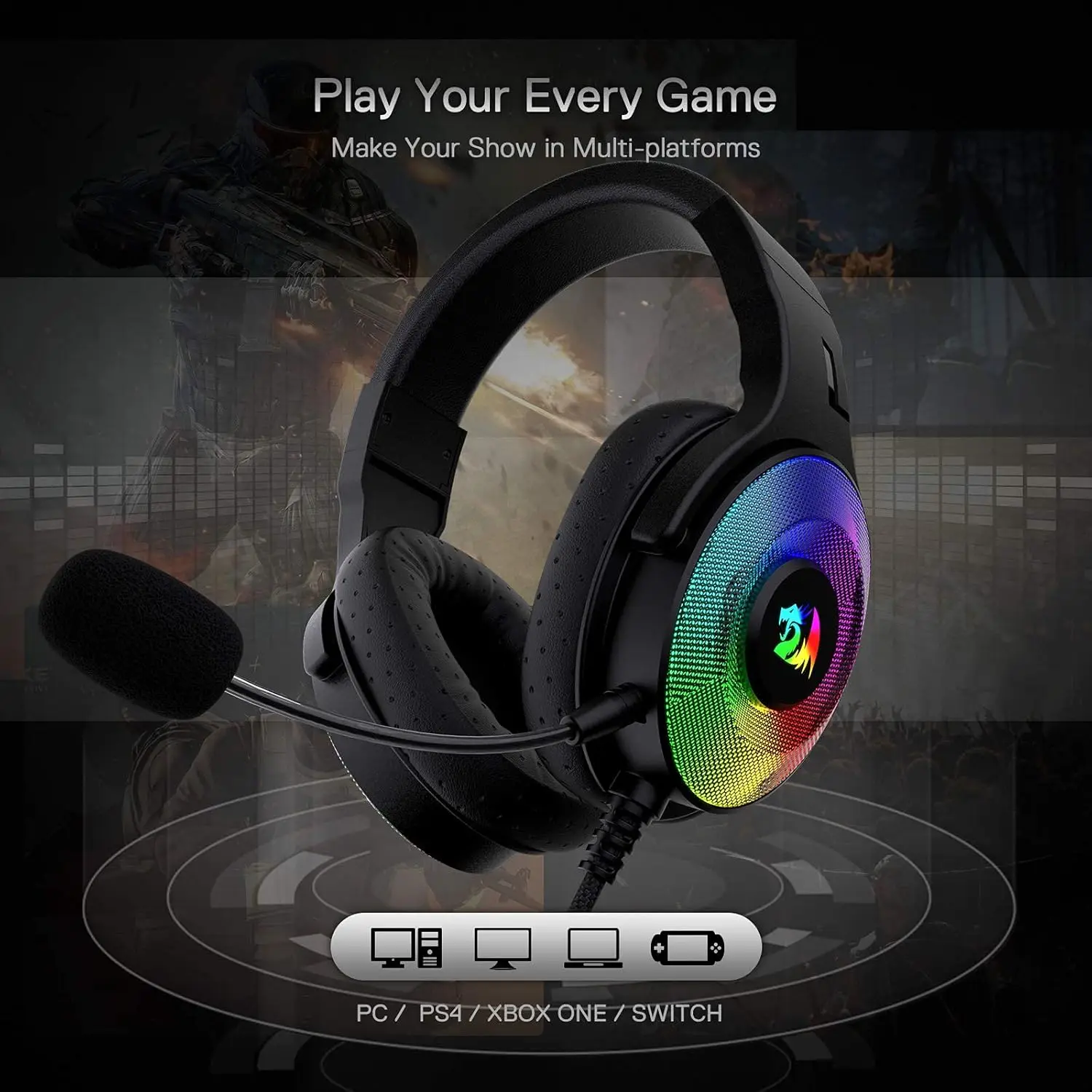 Redragon H350 RGB Wired Dynamic RGB Backlight Dynamic RGB Backlight Gaming Headset 50MM Drivers Over-Ear Headphones - imagen 5