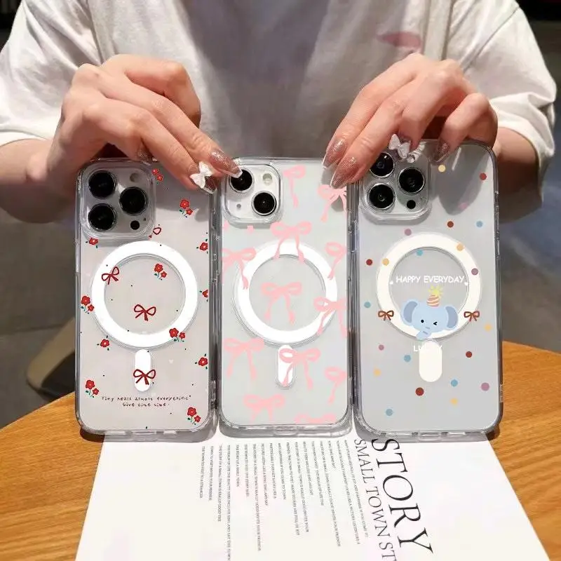 Funda Magsafe con lazo de flores y carga inalámbrica magnética para iPhone 16 15 14 13 12 11 Pro XS XR Max Mini Plus transparente de lujo