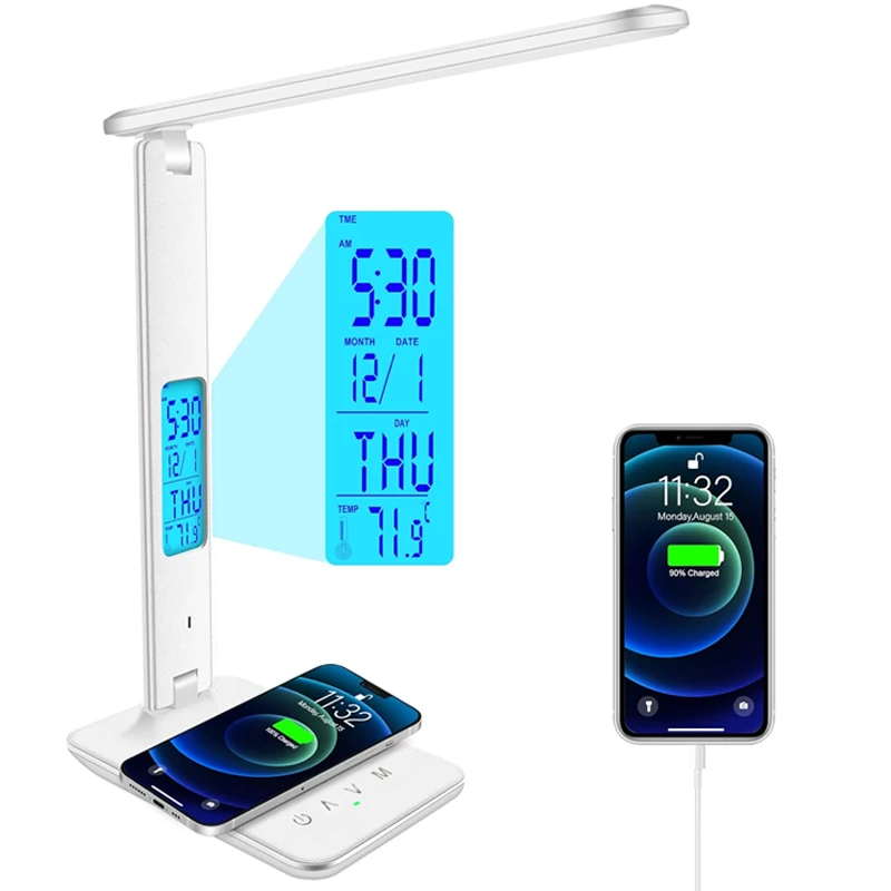 Luz de escritorio con cargador inalámbrico, puerto de carga USB, lámpara de escritorio de oficina regulable con reloj, alarma, fecha, temperatura, lámpara plegable