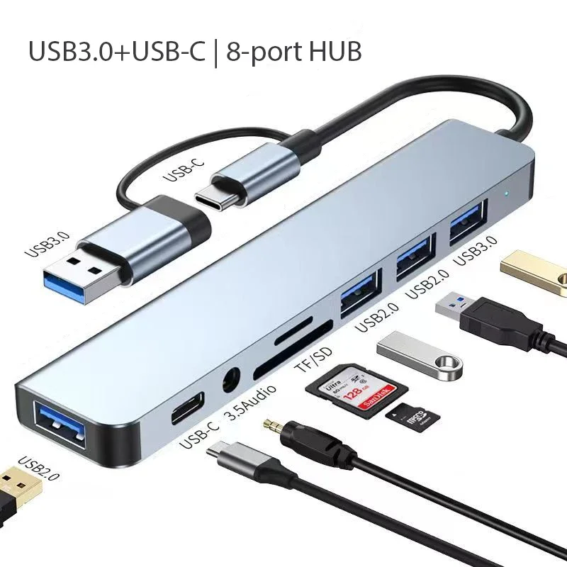 Concentrador de puertos USB tipo C 8 en 1, estación de acoplamiento, divisor USB tipo C a USB OTG, lector de tarjetas SD TF, convertidor de conector de 3,5mm para Macbook Pro