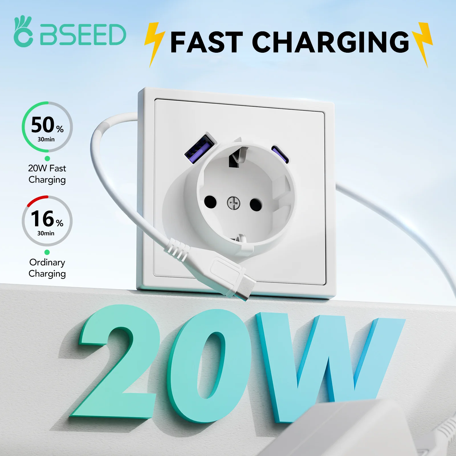 BSEED-enchufes de pared individuales de la UE, tomas de corriente dobles, triples enchufes integrados para el hogar con puertos USBC de 20W, Panel de PC de carga rápida
