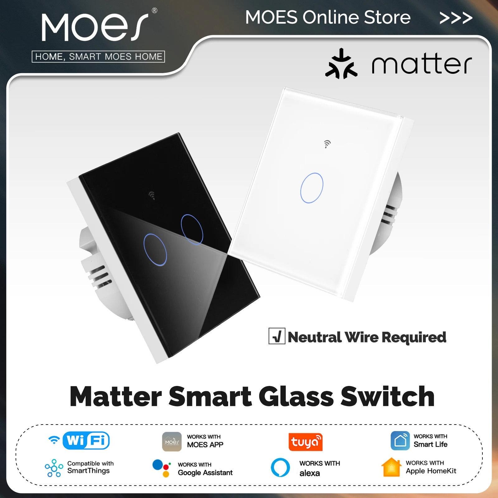 MOES Matter Tuya WiFi interruptor de luz inteligente Control táctil de vidrio cable neutro ignífugo requerido con Alexa Google Home HomeKit