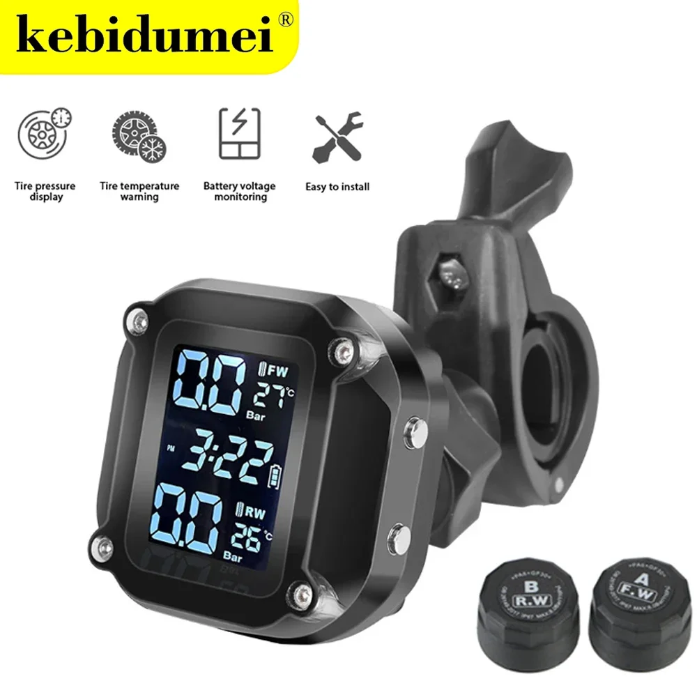 Sistema de Monitoreo de presión de neumáticos TPMS para motocicleta, Kit de alarma de neumáticos inteligente con 2 sensores externos, accesorios universales para moto