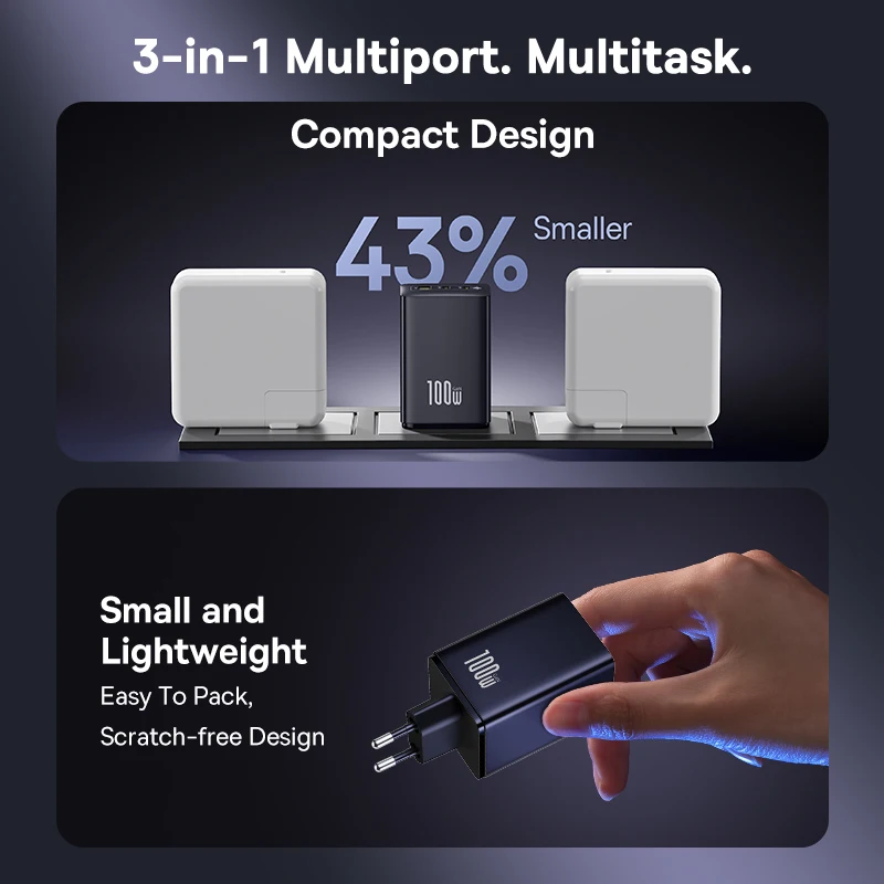 Cargador Baseus 100W GaN cargador rápido para Xiaomi Samsung iPhone 17 16 15 cargador para tableta portátil cargador PD con cargador de teléfono USB - imagen 4