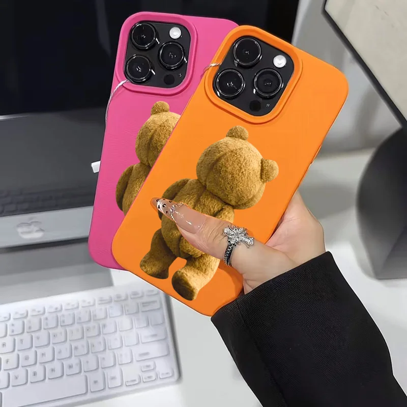 Funda de teléfono anticaída esmerilada con patrón de lichi para iPhone 16 Pro Max 15 14 13 12 11 XS Max X XR 16 Plus con funda con estampado de oso de peluche - imagen 4
