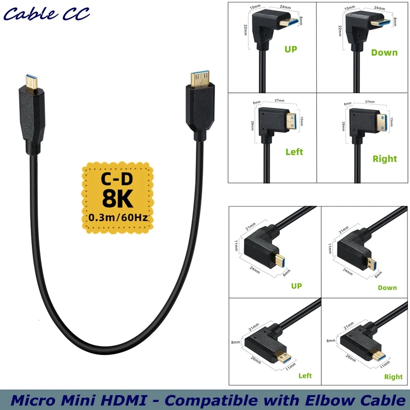 0,3 m OD4,0 mm 2,1 V 8 k @ 60 Hz Micro HDMI - compatible con Mini HDMI - Cable adaptador C-D macho compatible de 90 grados