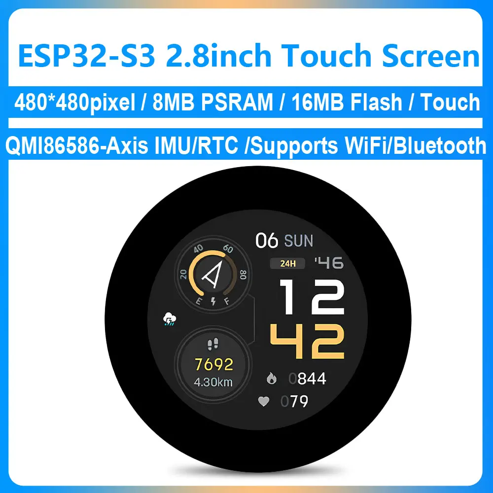 ESP32 S3 pantalla táctil de 2,8 pulgadas pantalla LCD redonda Sensor QMI8658/SD/MP3 Audio/Puerto de batería LVGL/HMI para Arduino