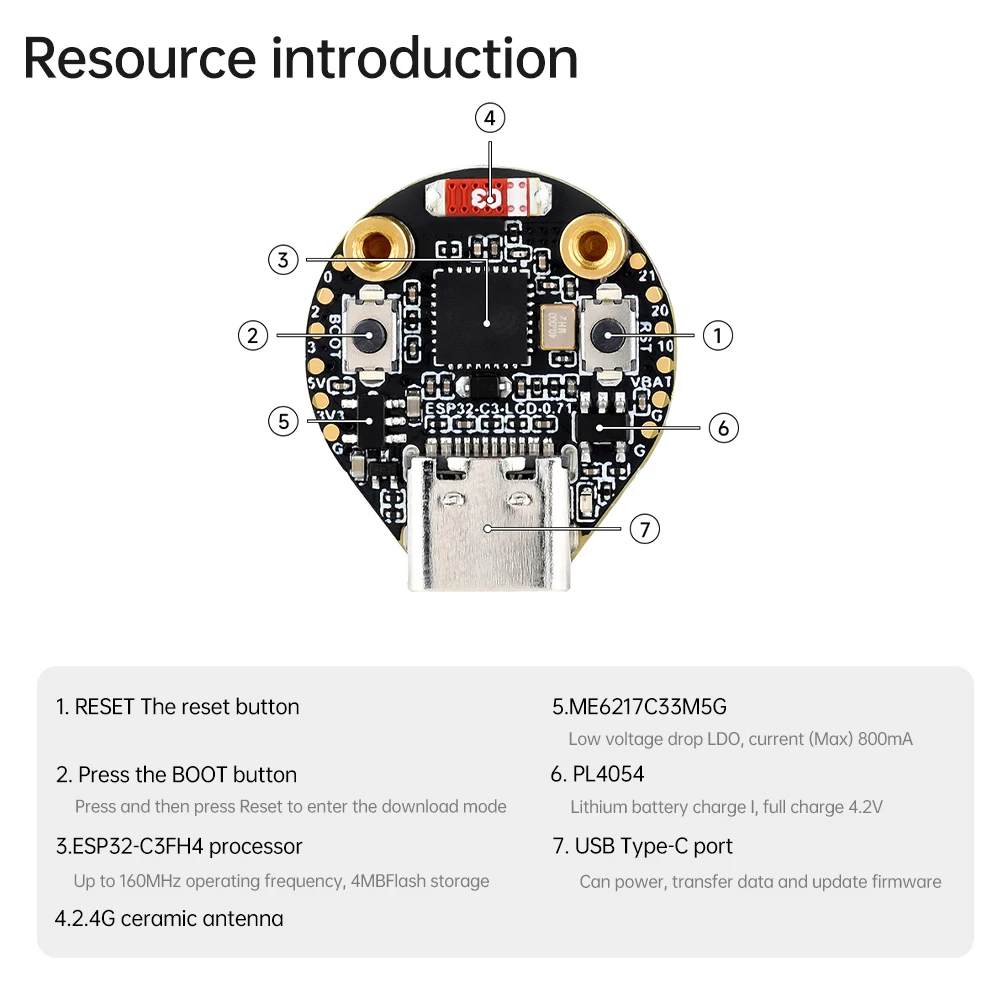 Placa de desarrollo IoT ESP32-C3, interfaz SPI integrada de 0,71 pulgadas, pantalla LCD, tablero de demostración de 160x160 píxeles, tablero LCD redondo - imagen 4