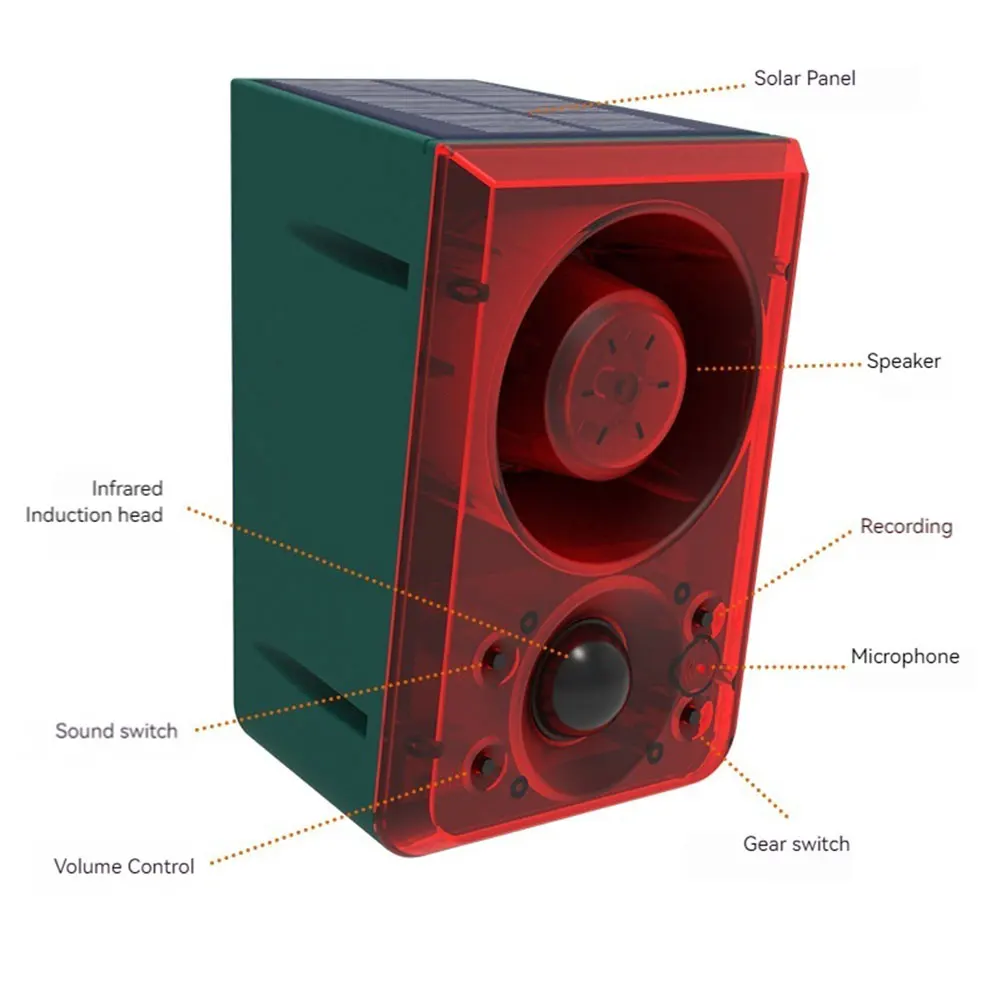 Alarma Solar con Sensor de movimiento para exteriores, repelente de animales con sonido de tiro para ladridos de perros, alarma de inducción infrarroja Solar para granja en casa - imagen 5