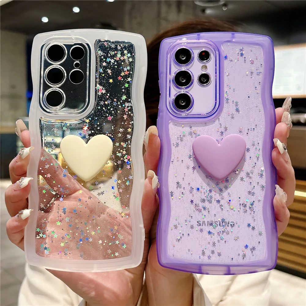 Cute 3D Heart Cover For Samsung S24 Ultra S23 Plus S22 S21 S20 FE Note 20 Soft Silicon Sequin Glitter Wavy Edge Phone Case Shell - imagen 2