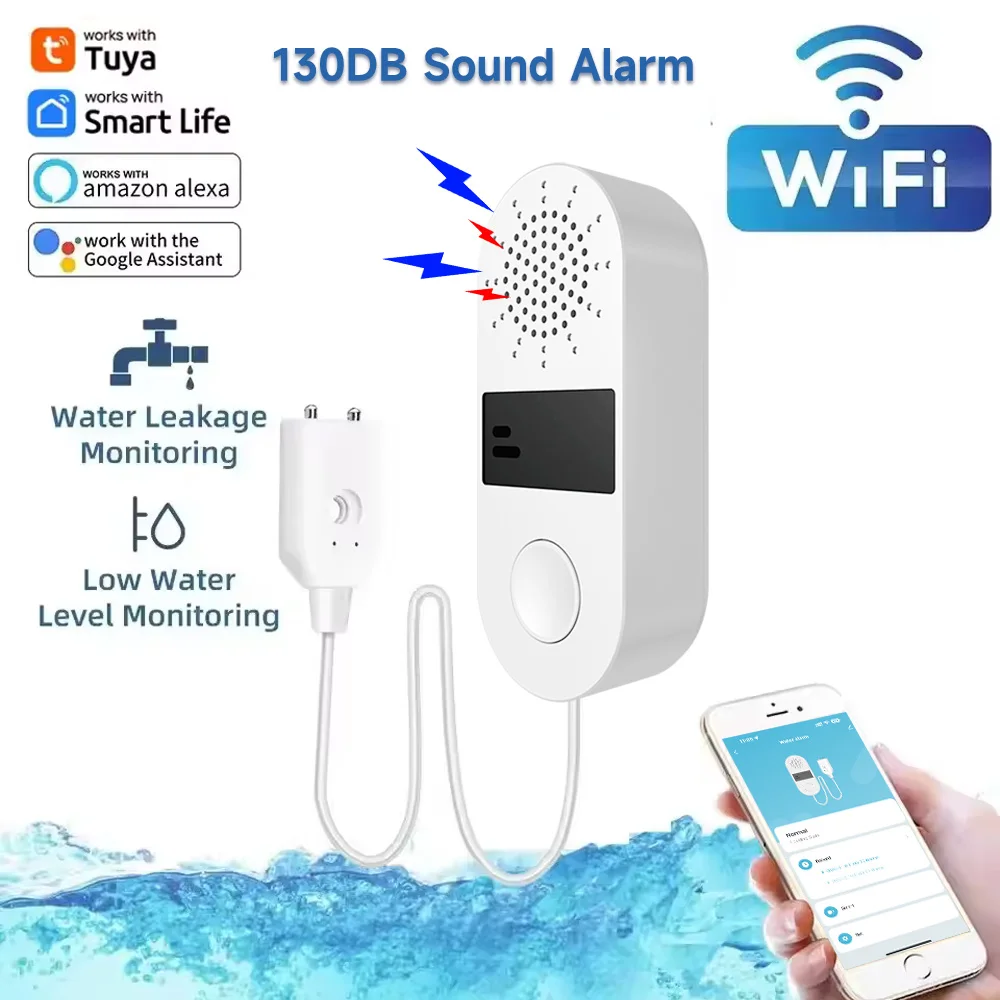Tuya-Sensor de agua 2,4GWiFi, Detector de fugas de agua, alarma de luz y sonido, Control por aplicación Smart Life de 130DB, funciona con automatización del hogar Alexa